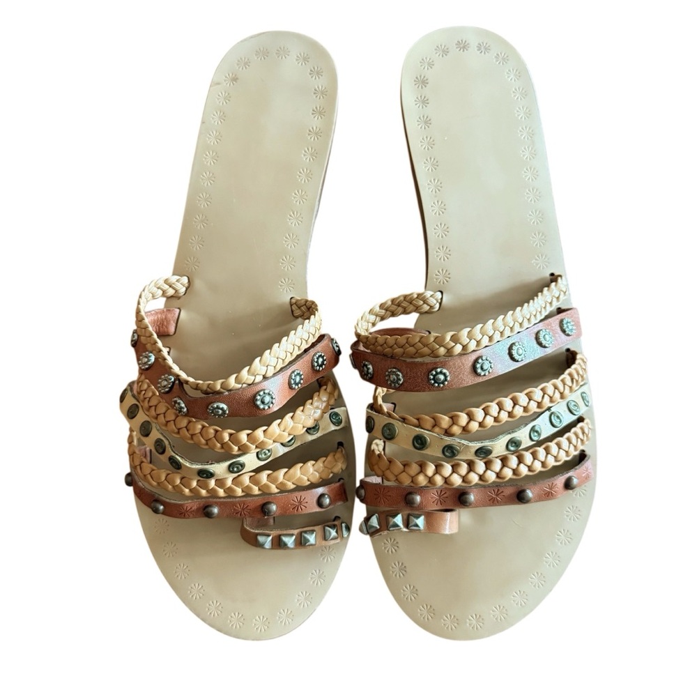 Lucky Brand Brown and Tan Vintage Boho Braided & Studded Slip on Toe Sandals